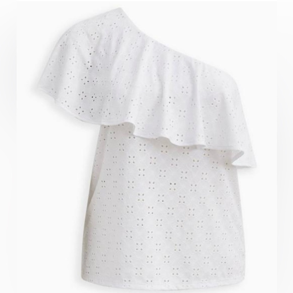TORRID White One Shoulder Ruffle Top Eyelet Jersey